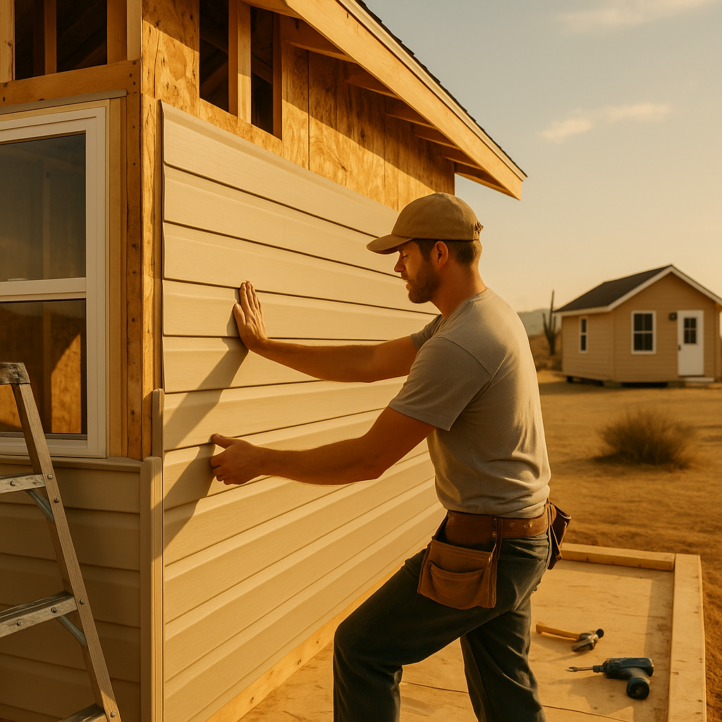 Man wearing a cap using a tool to repair siding on a small home in a desert residential community.