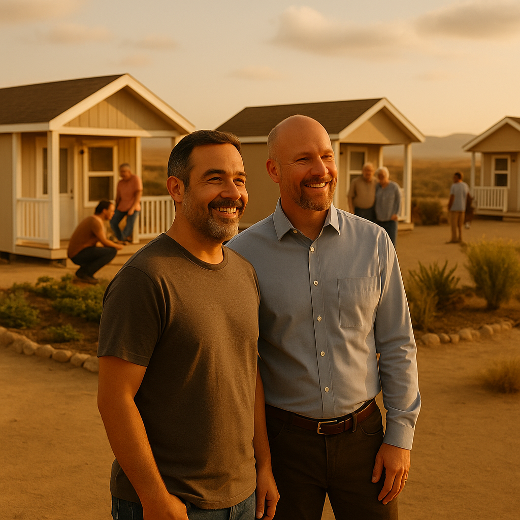 Two men walking and smiling near modular housing units, symbolizing positive reintegration.