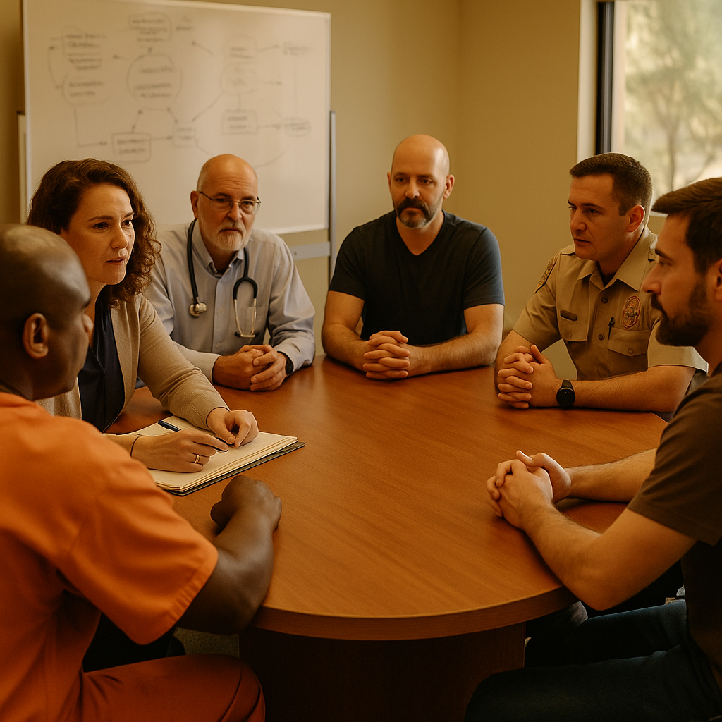 A group of professionals, including clinicians and officers, discussing client care at a table.