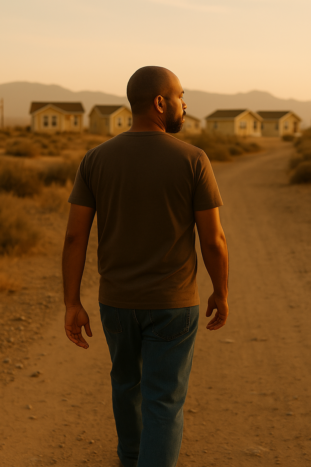 Rear view of a man standing alone on a desert path, facing forward with uncertainty and hope.