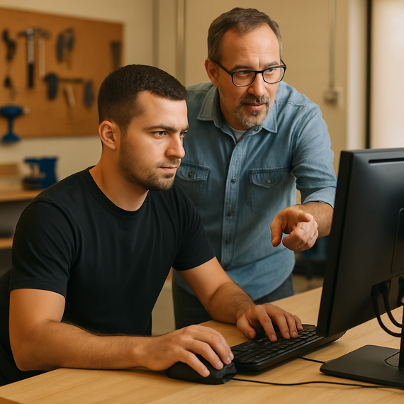 Mentor guiding a man through vocational training on a computer in a reintegration program.