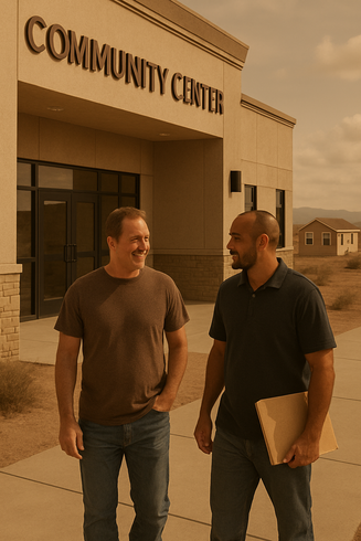 Two men smiling and talking outside a transitional housing facility.