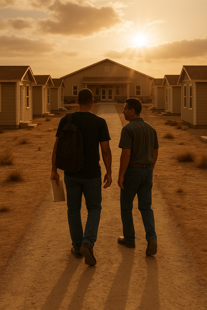 Two men walking down a desert path between housing units, symbolizing reentry and support.