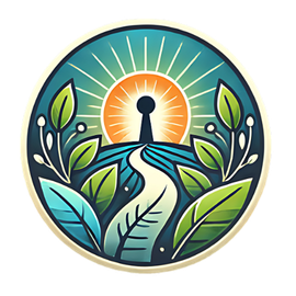 Illustrated keyhole at the end of a path with leaves and rays of sunlight symbolizing growth and hope.