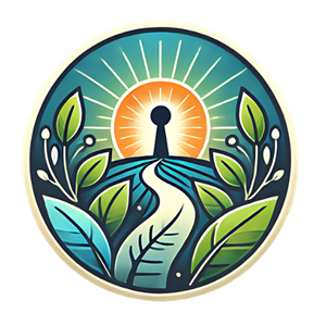 Illustration of a sunrise over a keyhole and path, framed by green leaves—symbol of transformation and hope.
