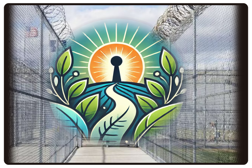Illustration of prison fencing with a bright keyhole path rising behind, symbolizing hope and freedom.
