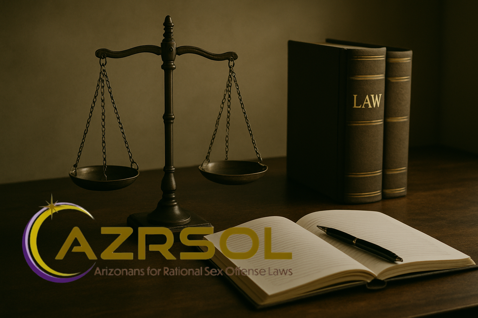 Scales of justice and law books next to AZRSOL logo, representing rational reform efforts.
