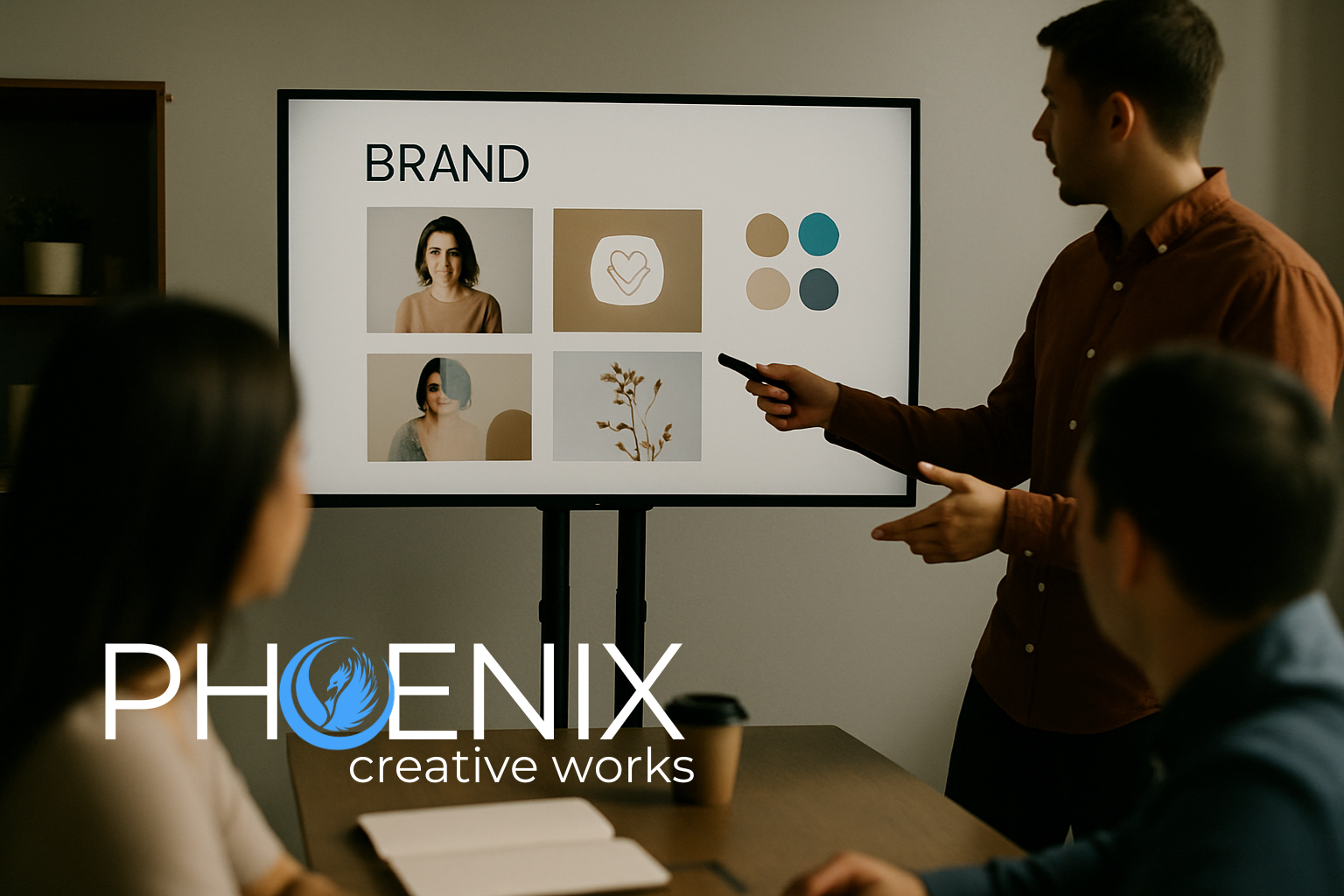 Team viewing branding presentation with Phoenix Creative Works logo on screen.