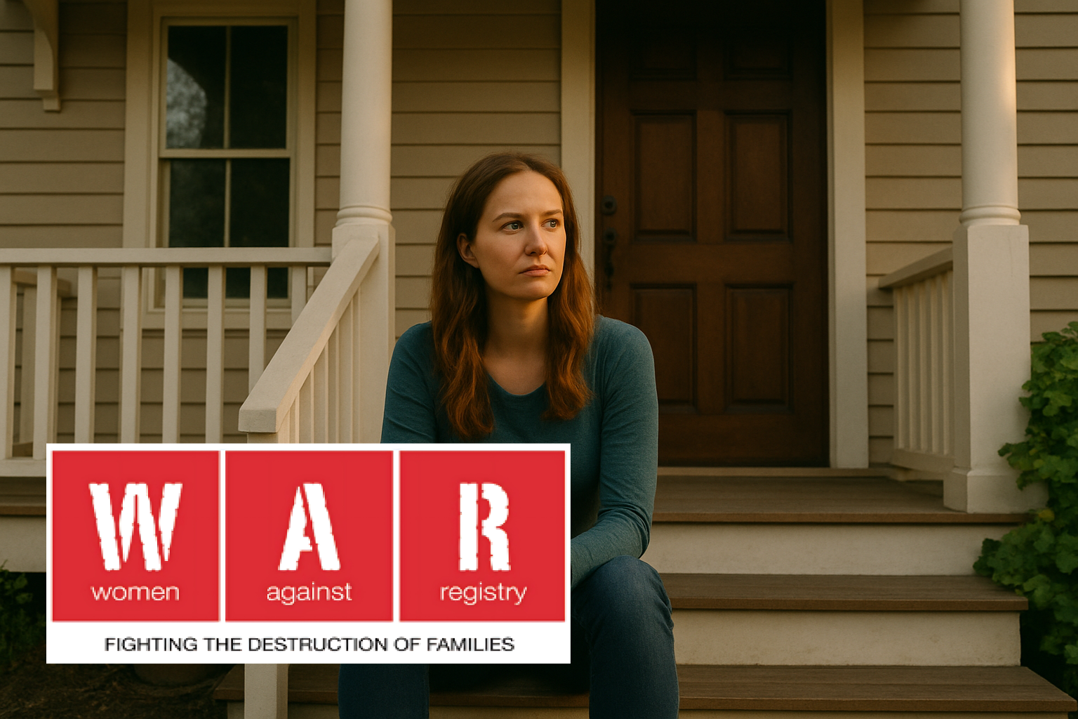 Woman representing Women Against Registry (WAR) seated on porch advocating for family rights.