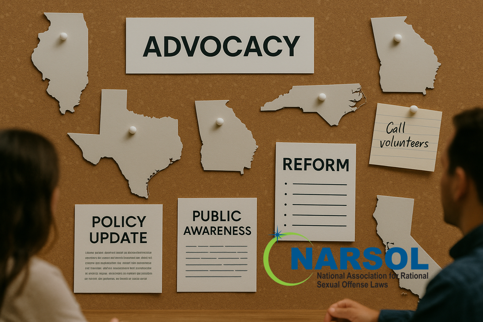 Advocacy board showing public awareness and policy updates, next to NARSOL logo.