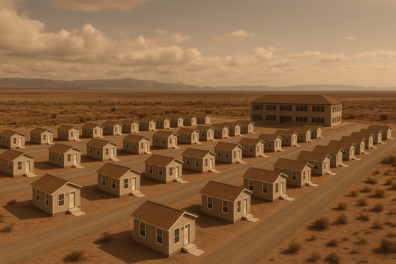A wide aerial view of desert-based modular housing units, symbolizing reentry support infrastructure.