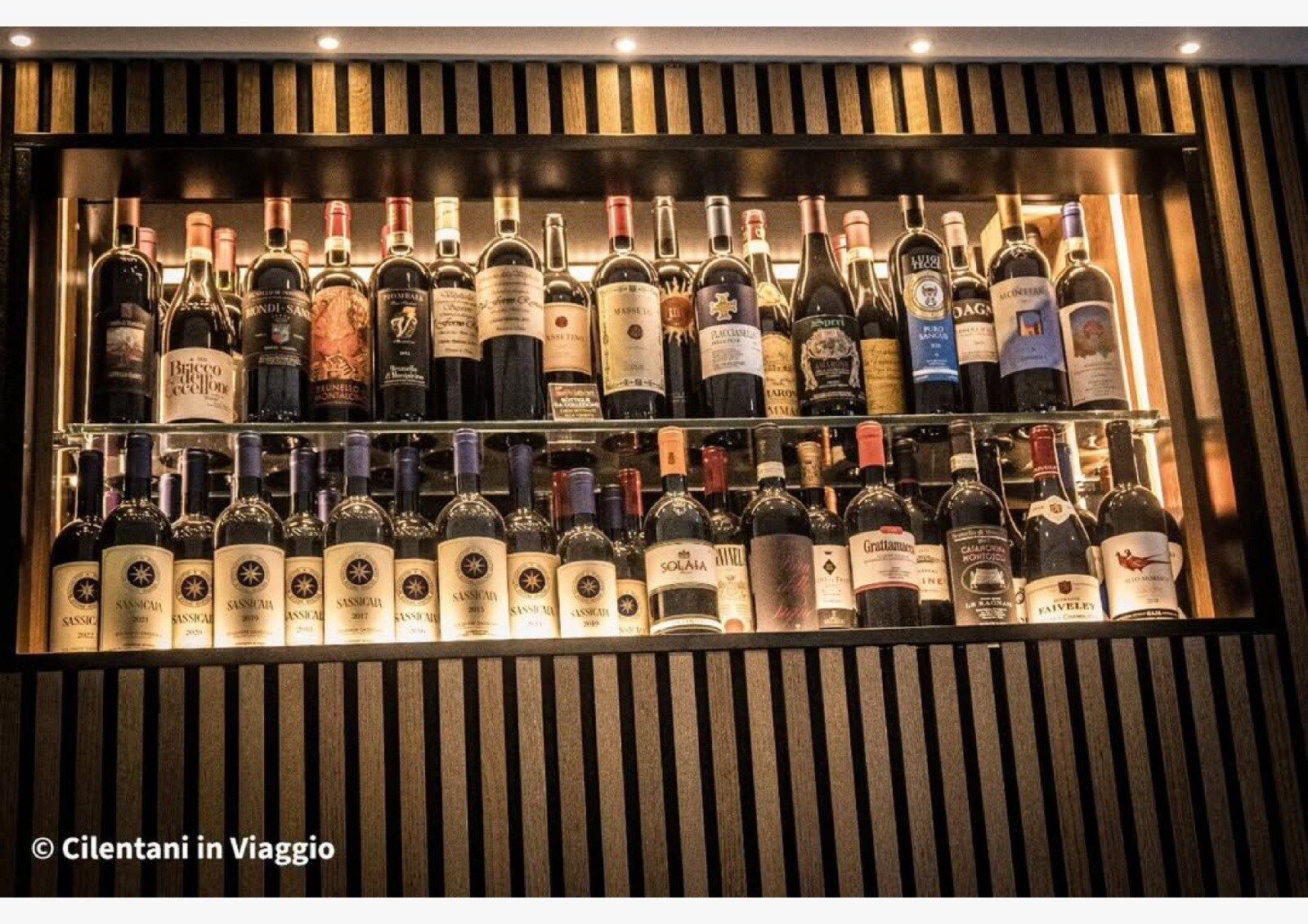 Scaffali pieni di bottiglie di vino in un bar scarsamente illuminato, contro una parete rivestita in legno.