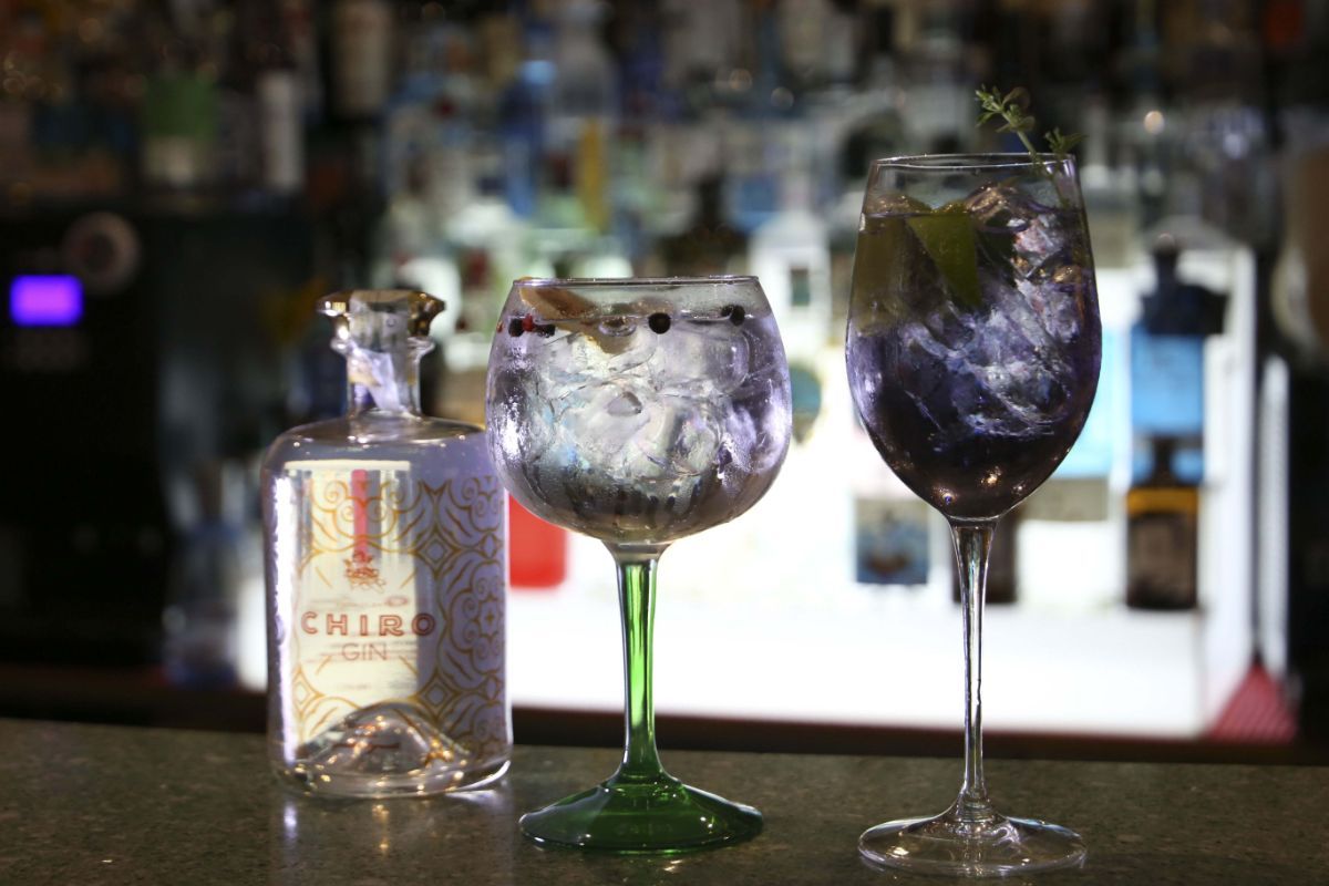Una bottiglia di gin accanto a due cocktail al gin in bicchieri alti, su un bancone del bar.