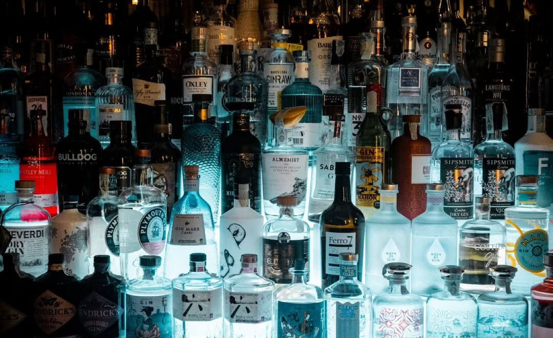 Scaffale del bar retroilluminato pieno di bottiglie di liquori vari, principalmente gin.