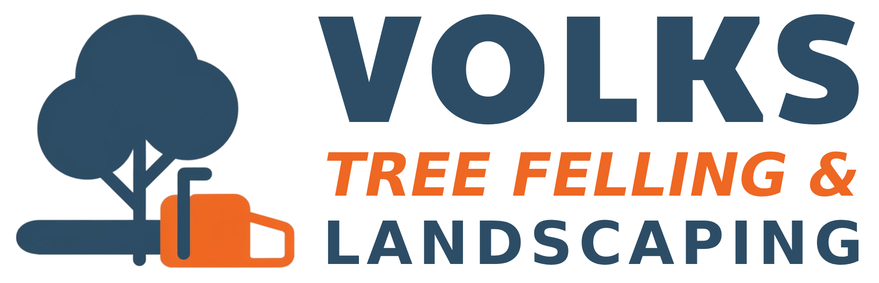 A logo for volks tree felling and landscaping with a tree and a chainsaw.