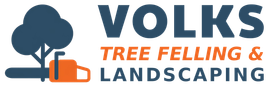 A logo for volks tree felling and landscaping with a tree and a chainsaw.