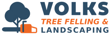 A logo for volks tree felling and landscaping with a tree and a chainsaw.