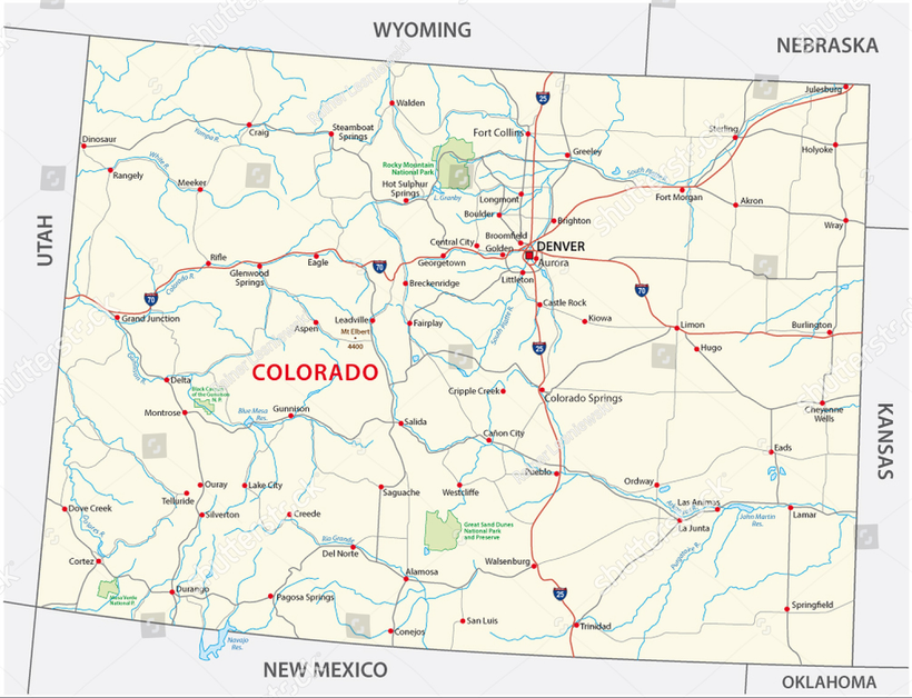 A map of the state of colorado with roads and cities