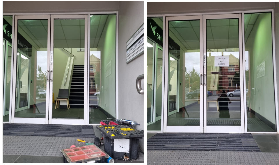 Two pictures of a building with a toolbox in front of it