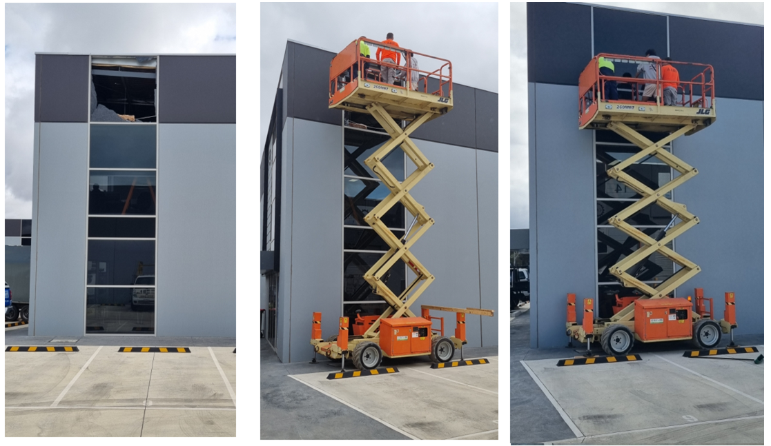Three pictures of a scissor lift in front of a building