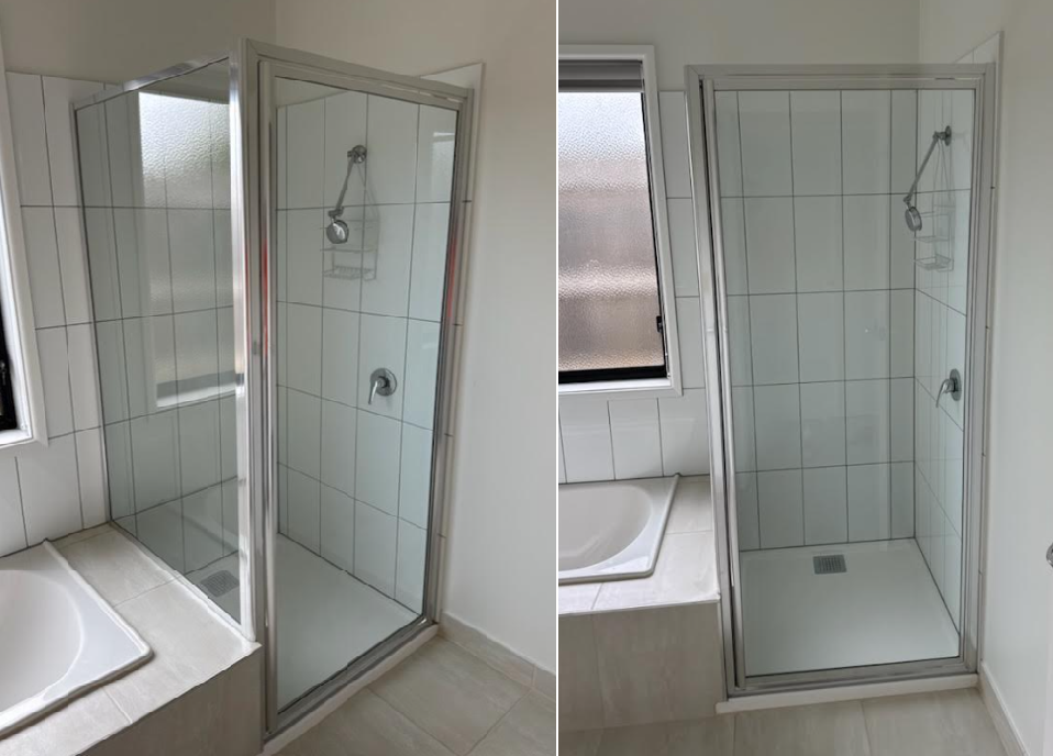 Two views of a shower with glass door in a white-tiled bathroom, with a white bathtub visible in the background.