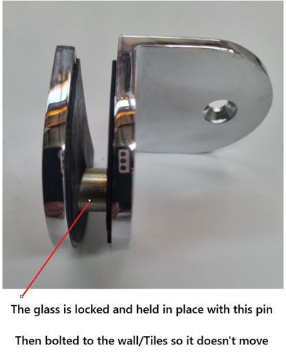 Close-up of a glass clamp with a locking pin, shown side view on a gray background.