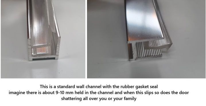 Side-by-side closeups of a door jamb and rubber seal channel, with a caption about a 9–10 mm hold-in strip.