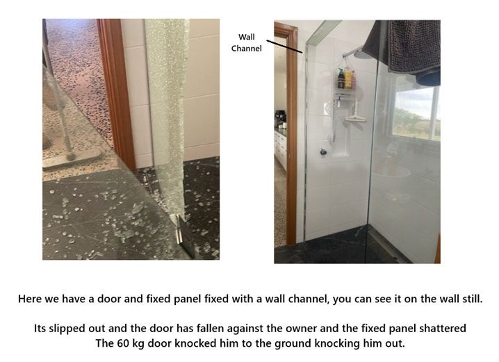 Broken glass by a door and fixed panel; wall channel and shattered floor glass after impact.