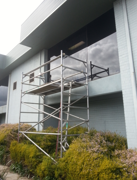 Scaffolding next to a building with a large window, green bushes in front.