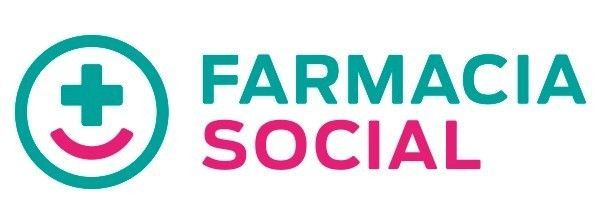 Un logotipo para farmacia social con una cara sonriente y una cruz.