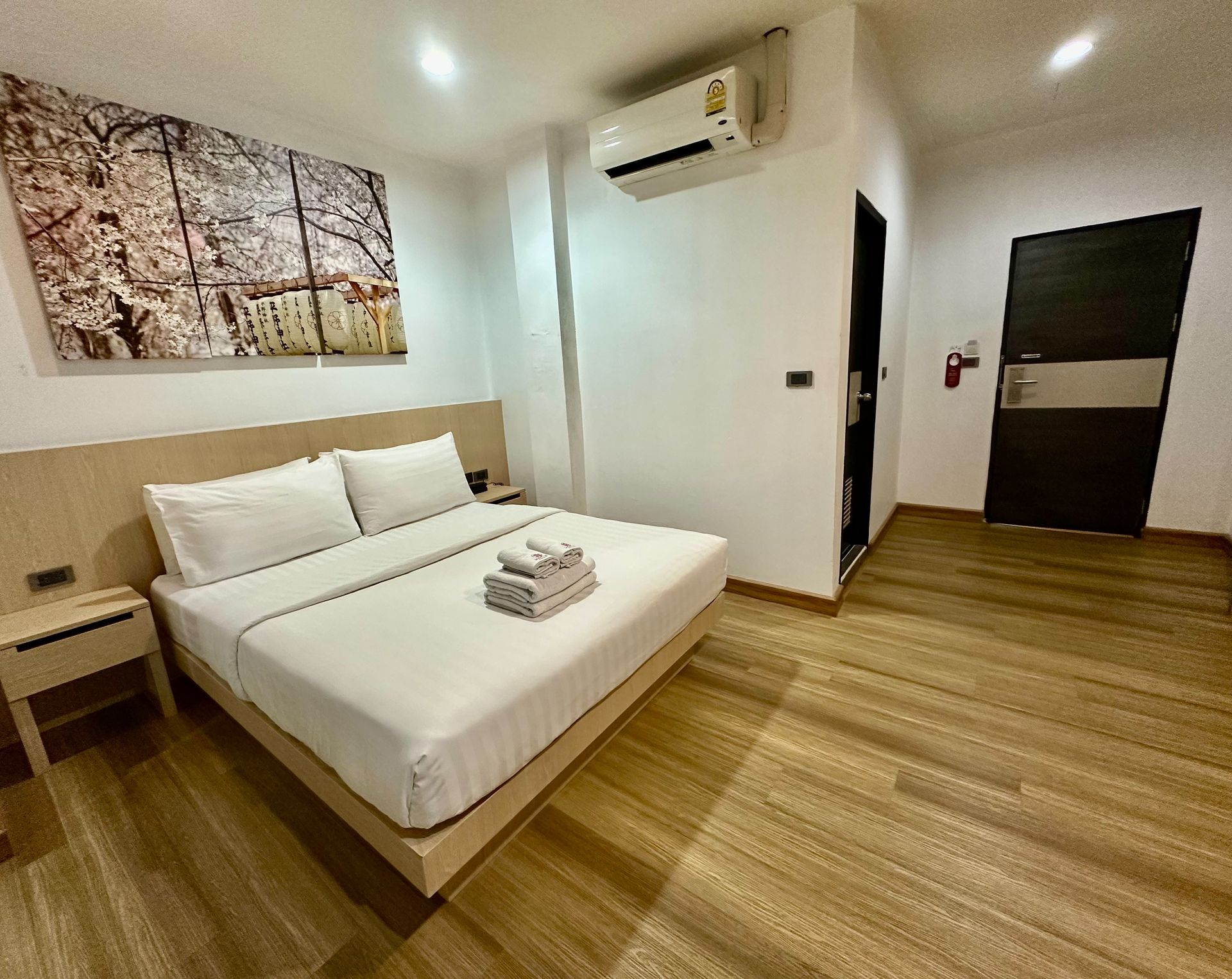 Bedroom with a double bed, art, air conditioning, and a closed door.