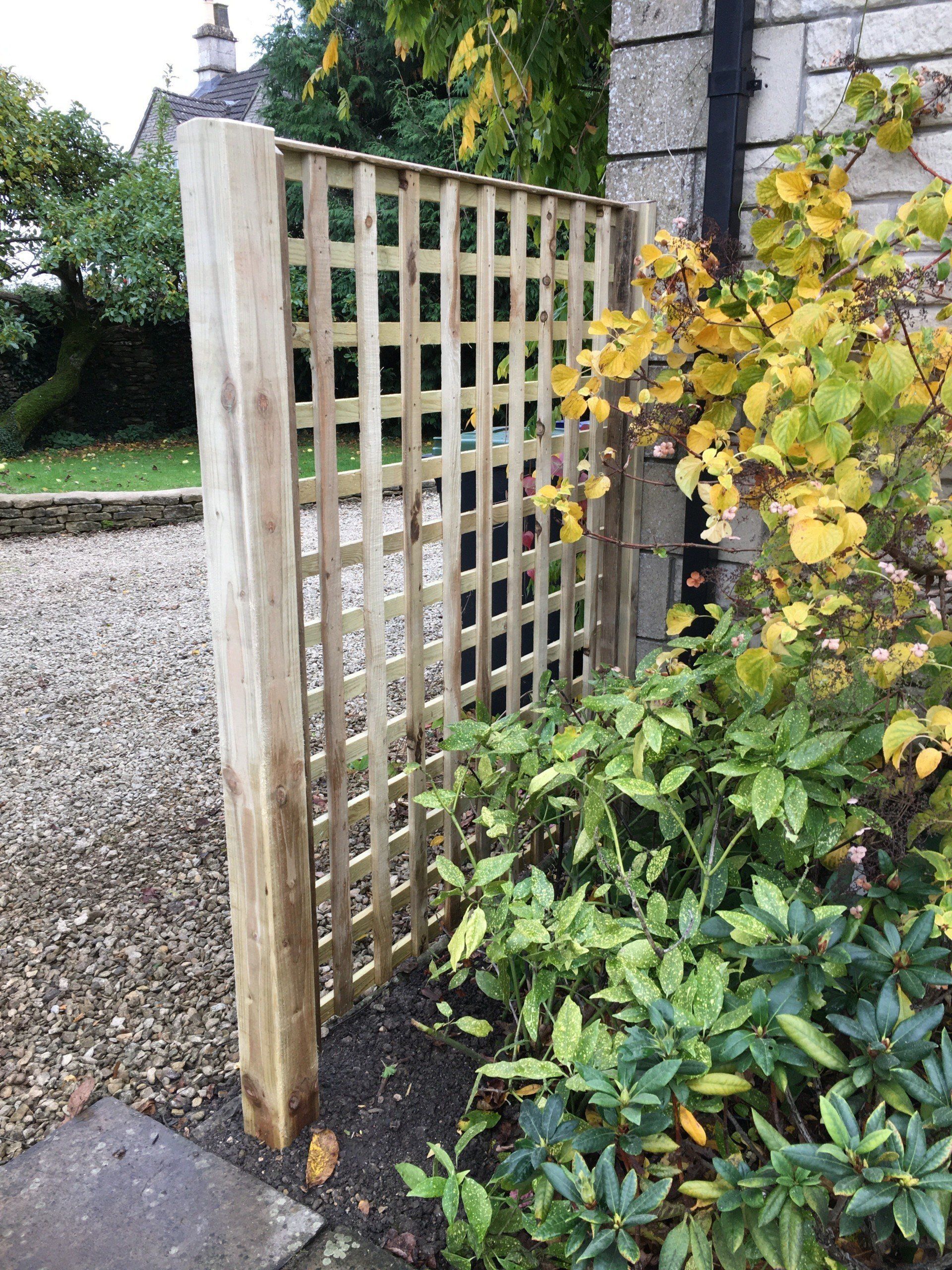 A wooden trellis is sitting next to a bush in a garden.