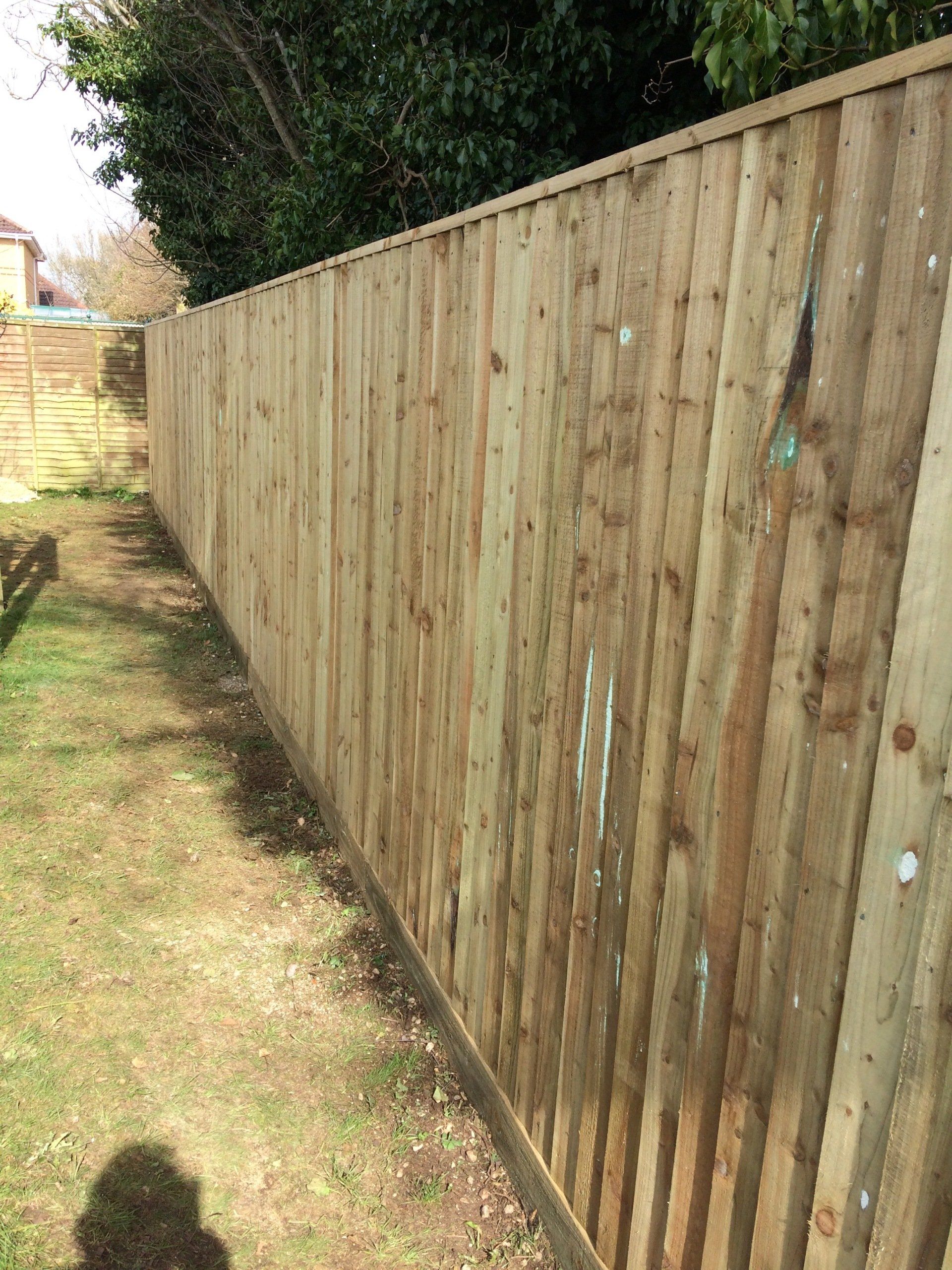 A wooden fence is surrounded by grass and trees in a backyard.