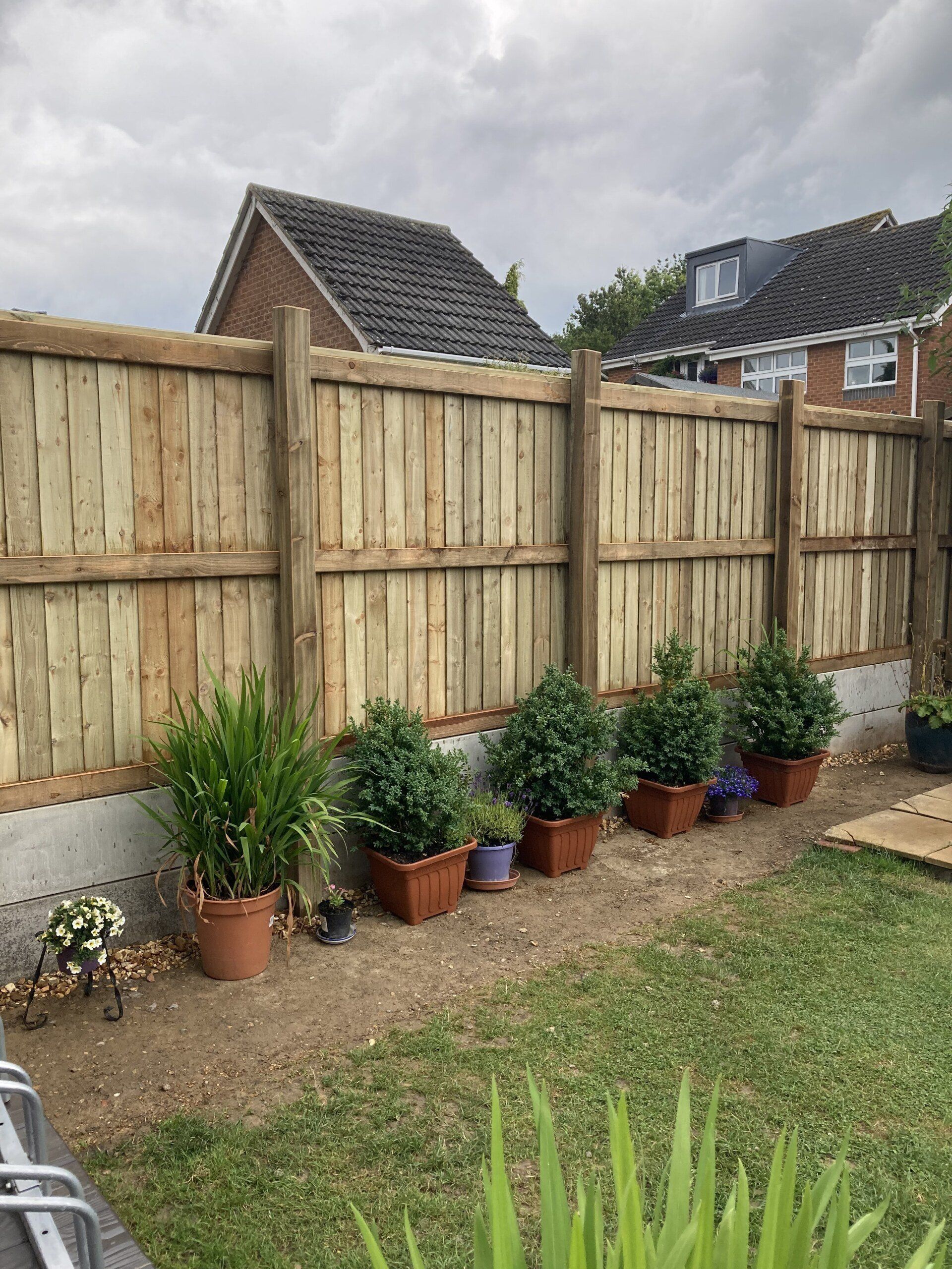 A wooden fence with potted plants in front of it in a backyard.