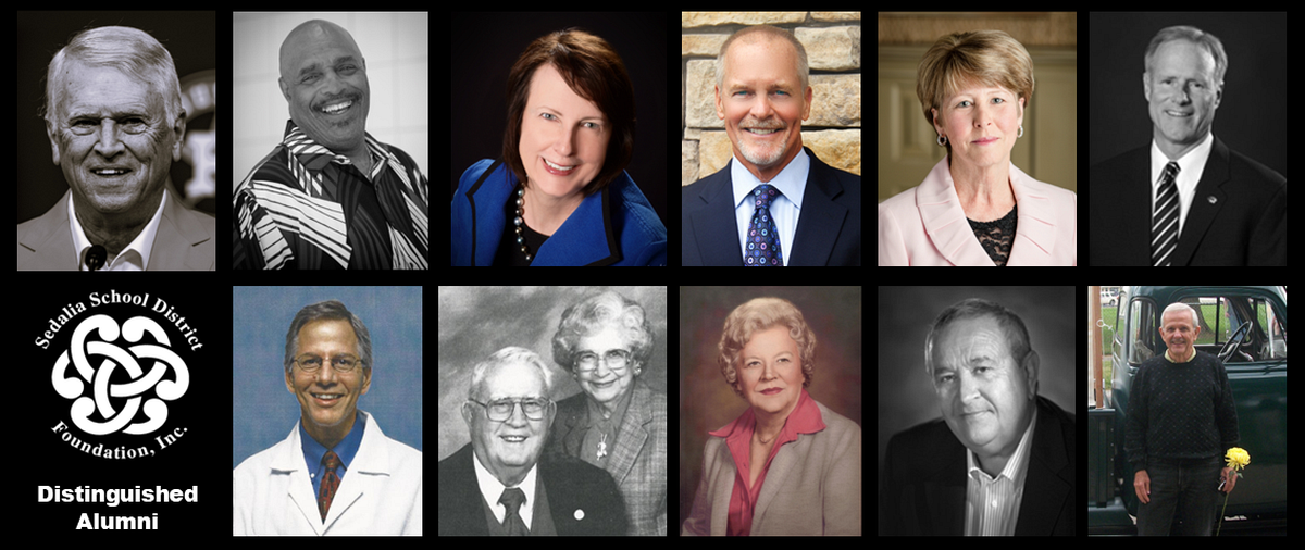 A collage of portraits of people including a man in a suit and tie