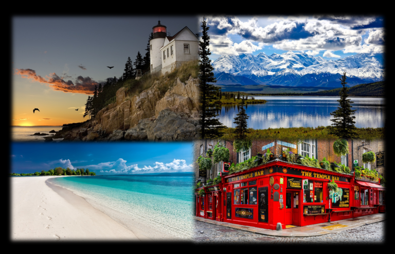 A collage of four pictures shows a lighthouse a beach and a red building