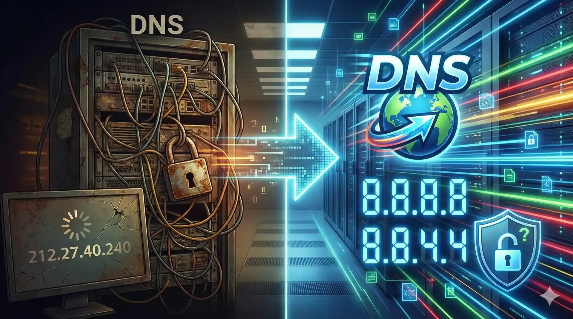Diagramme comparant l'ancien DNS/DNS non sécurisé (à gauche) au DNS sécurisé (à droite) avec les adresses IP 8.8.8.8 et 8.8.4.4.