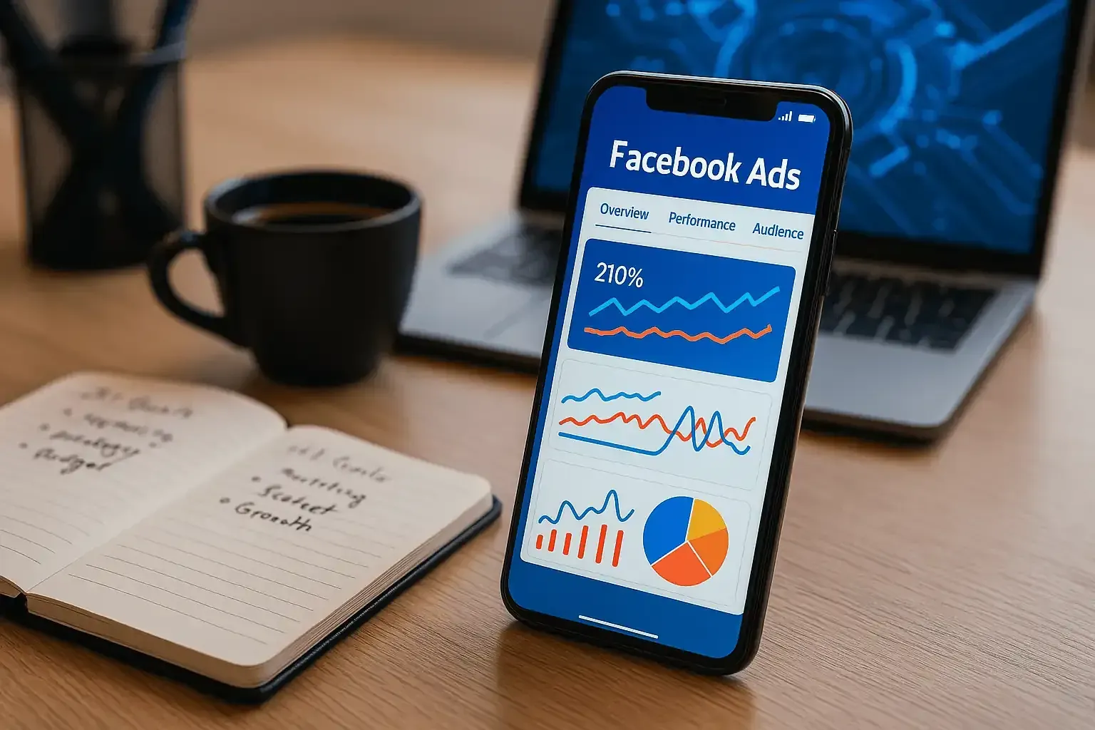 A cell phone displaying facebook ads on a table next to a laptop and a cup of coffee.