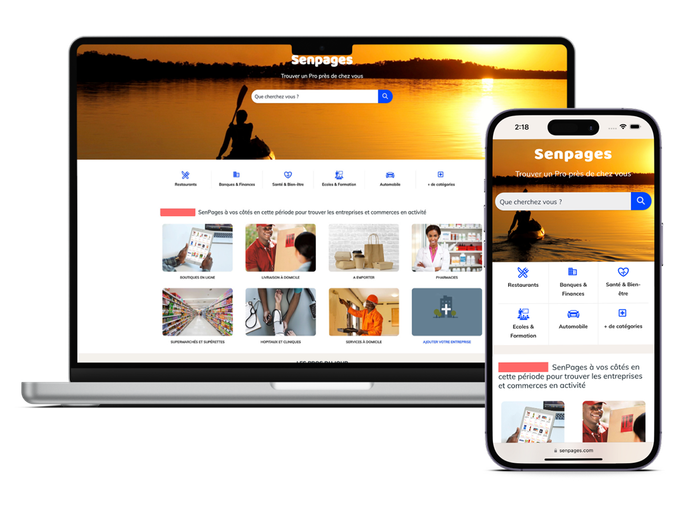 Un ordinateur portable et un téléphone portable affichant un site web senpages