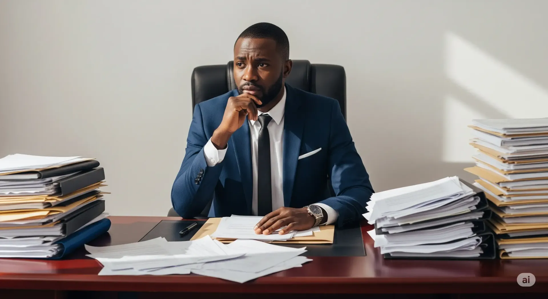 Un homme assis sur son bureau pensant à la transformation digitale de son entreprise