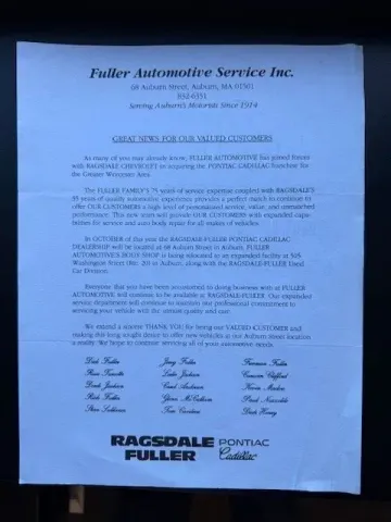 A paper that says fuller automotive service inc. on it