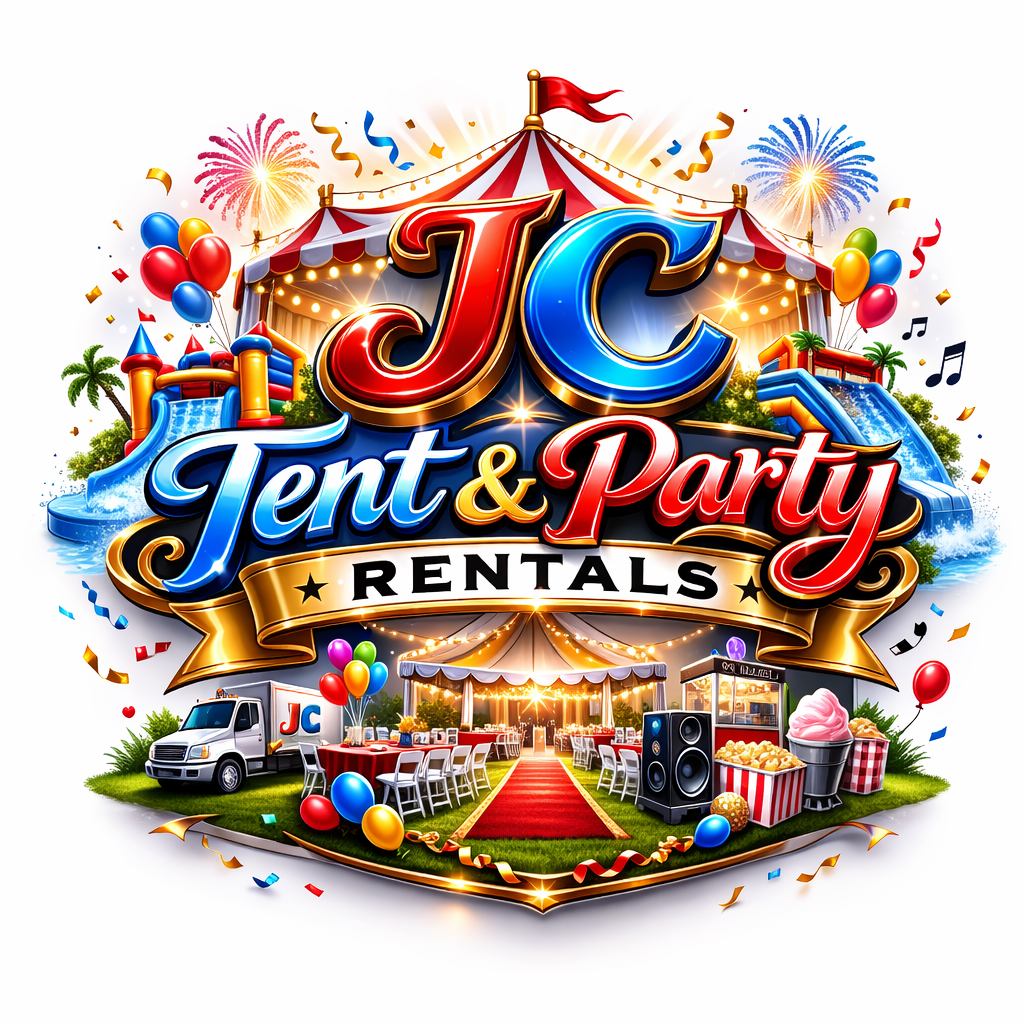 Logo for JC Tent & Party Rentals featuring a circus tent, bouncy castles, a party van, and festive decor with confetti.