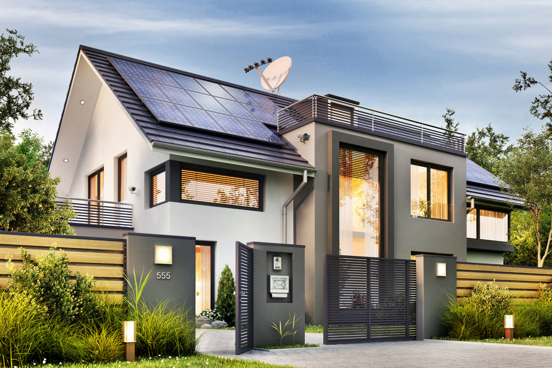A modern house with solar panels on the roof