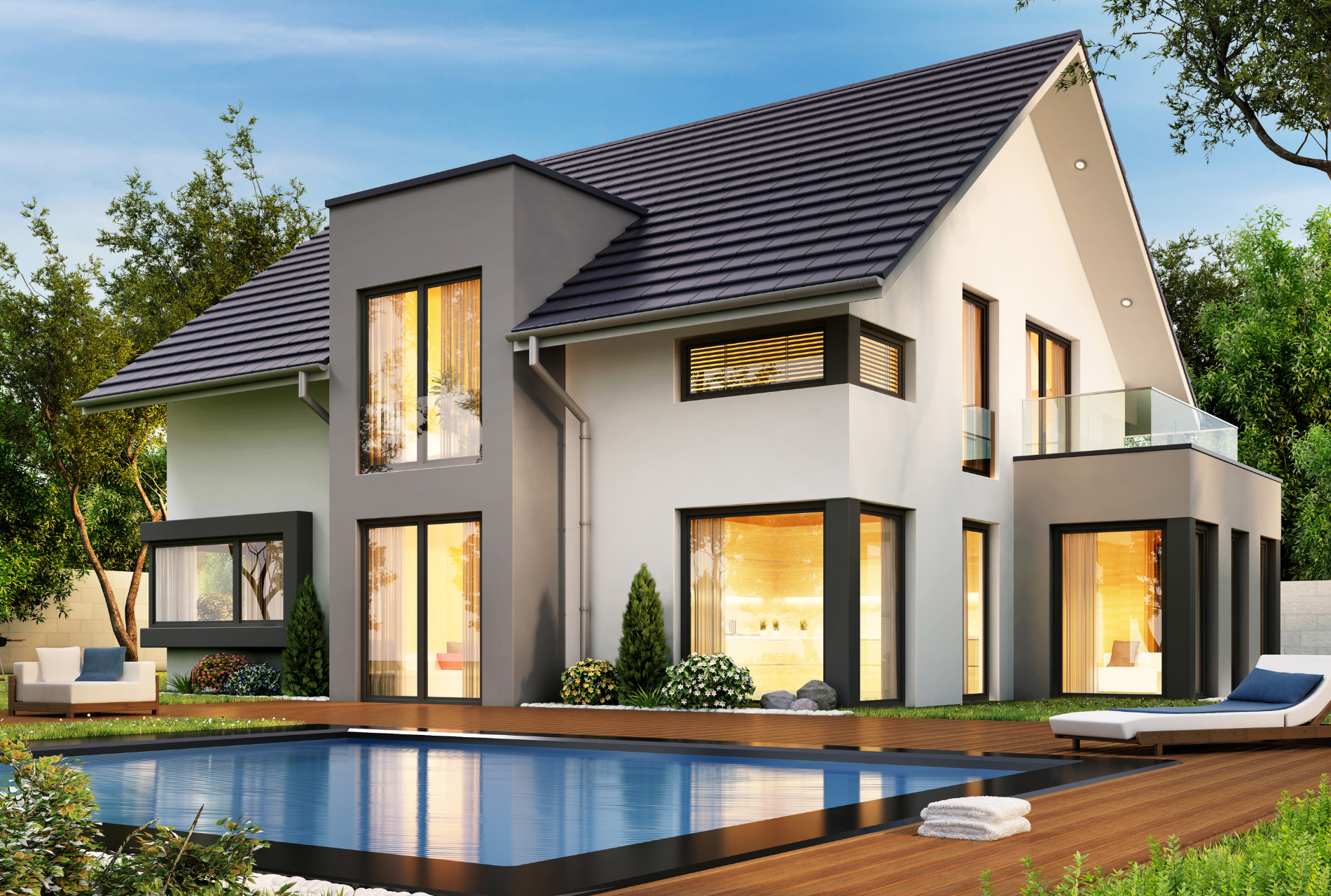 A modern house with a large swimming pool in the backyard.