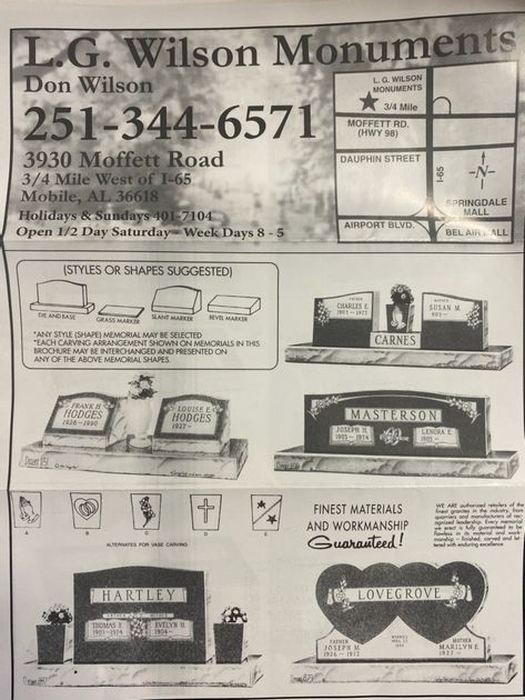 Flyer That Has Some Information About The Business — in Mobile, AL — L.G. Wilson Monuments