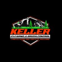A logo for keller clearing and brush control with a bulldozer and brush control.