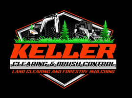 A logo for keller clearing and brush control with a bulldozer and brush control.