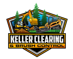 A logo for keller clearing and brush control with a bulldozer and brush control.