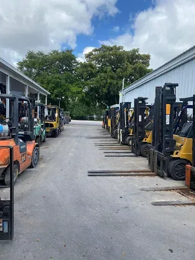Forklifts parked in a row outside a building, lined up on concrete.
