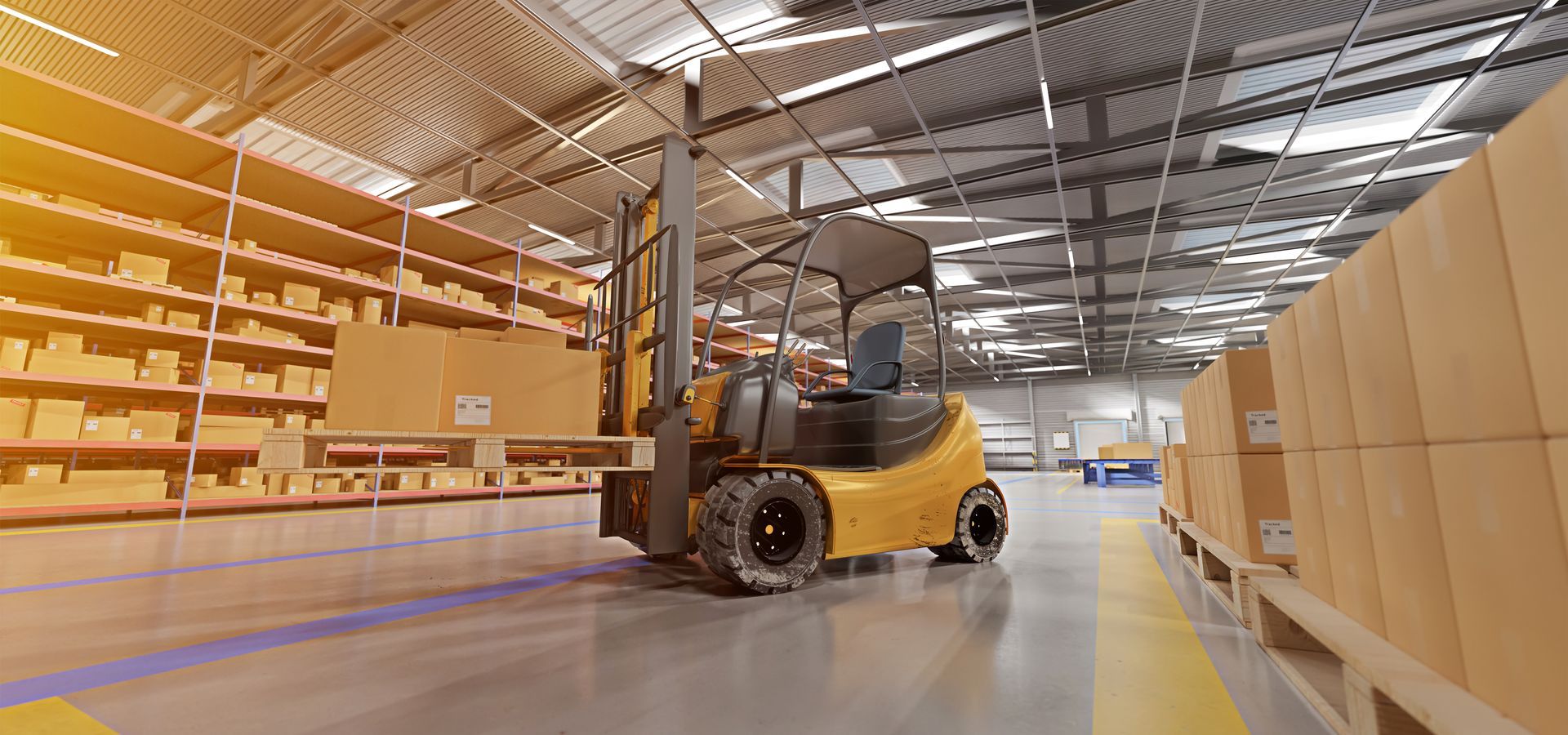 An orange forklift in a warehouse. Other forklifts are visible in the background against a concrete wall.